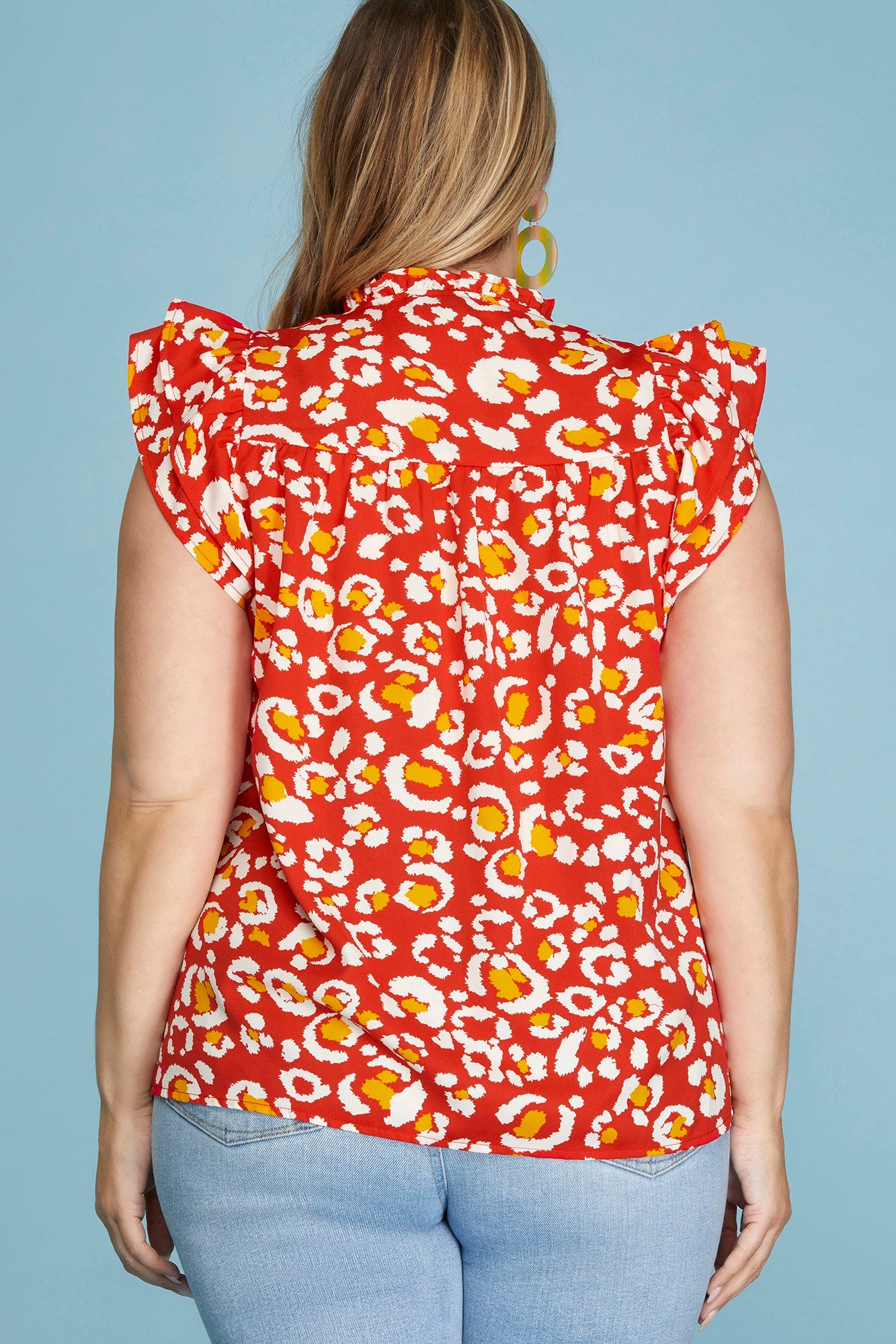 Curvy Butterfly Short Sleeve Woven Print Notched Neckline Top