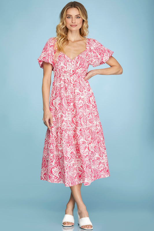 Short Puff Sleeve Woven Print Midi Dress with Side Pockets