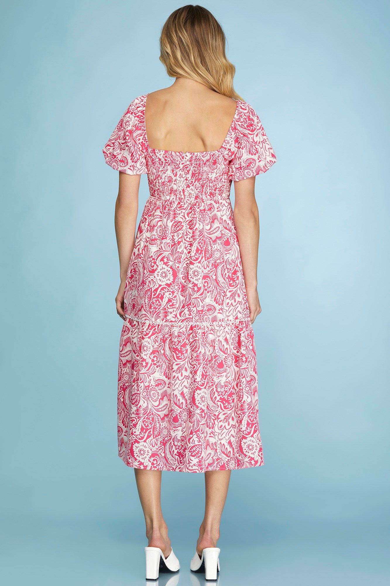 Short Puff Sleeve Woven Print Midi Dress with Side Pockets