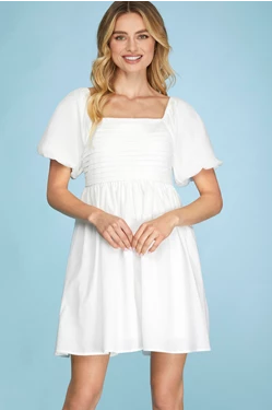 Short Bubble Sleeve Woven Mini Babydoll Dress with Pleated Square Neck
