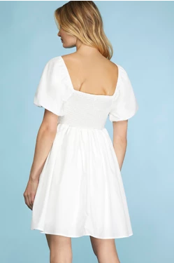 Short Bubble Sleeve Woven Mini Babydoll Dress with Pleated Square Neck