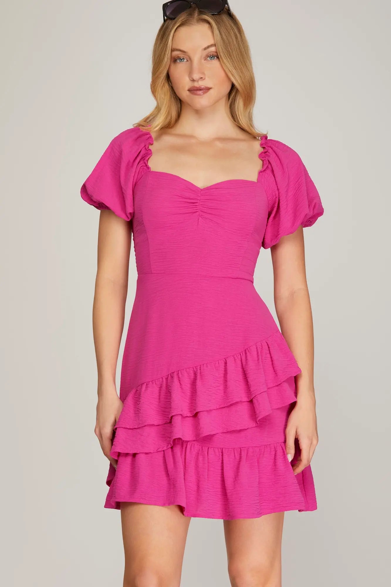 SHORT PUFF SLEEVE WOVEN RUFFLE HEM MINI DRESS WITH BACK SMOCKING
