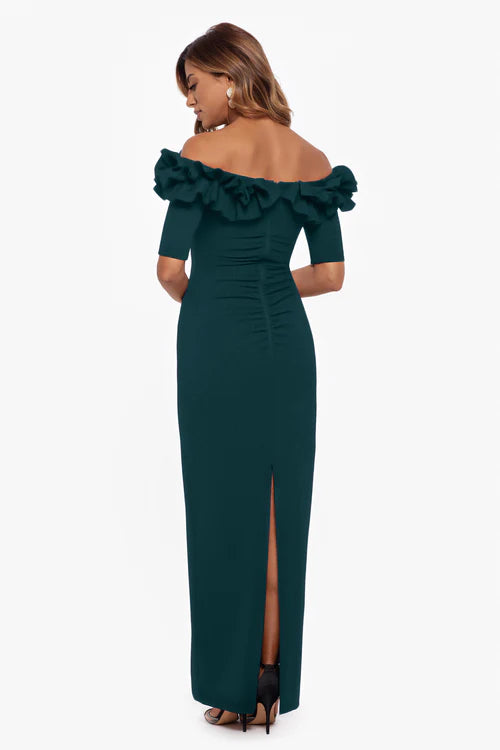 Petite Off the Shoulder Ruffle Scuba Long Fitted Formal Dress with Ruching