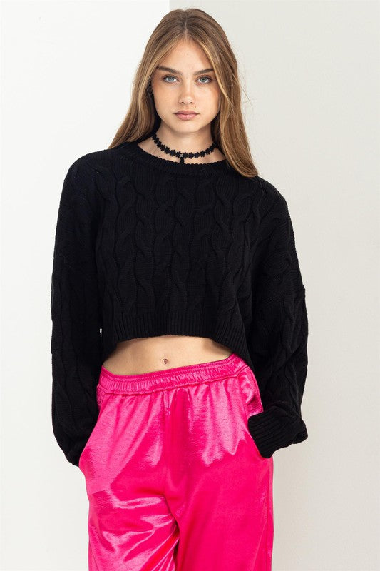 Weekend Ready Cable Knit Long Sleeve Crop Sweater