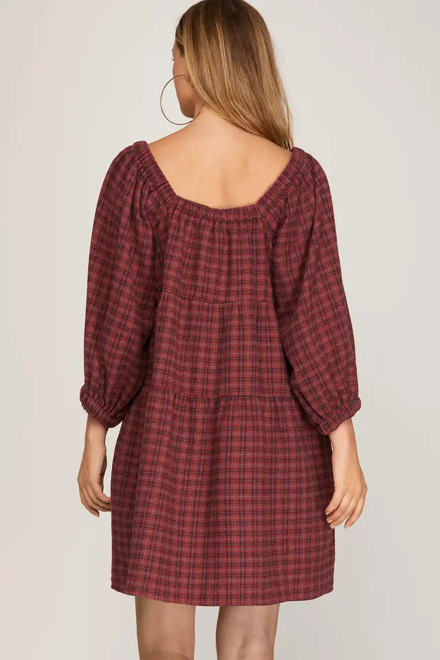 3/4 Sleeve Woven Plaid Tiered Mini Dress with Pockets