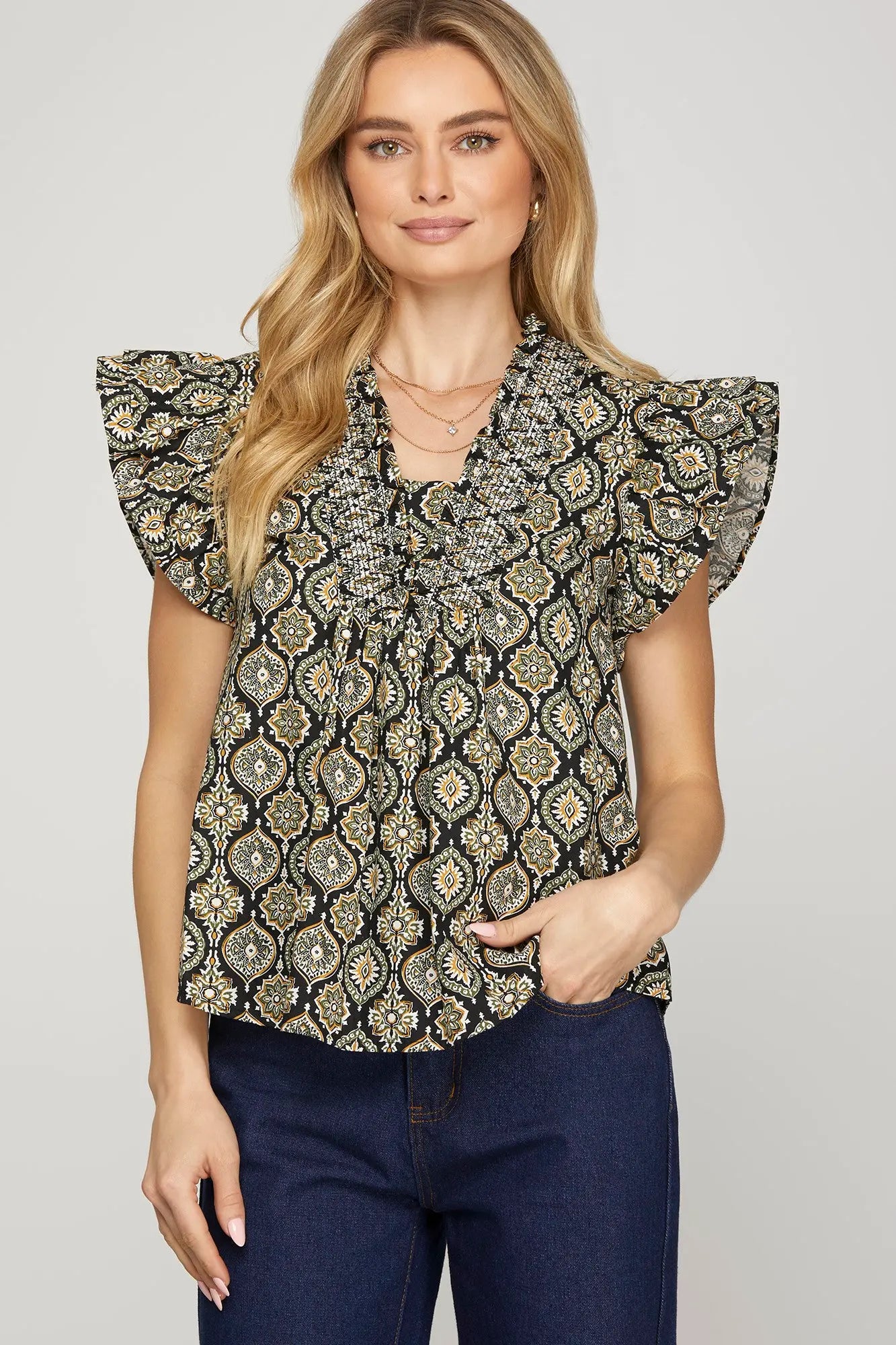Short Ruffle Sleeve Smocked Detail Printed Woven Top