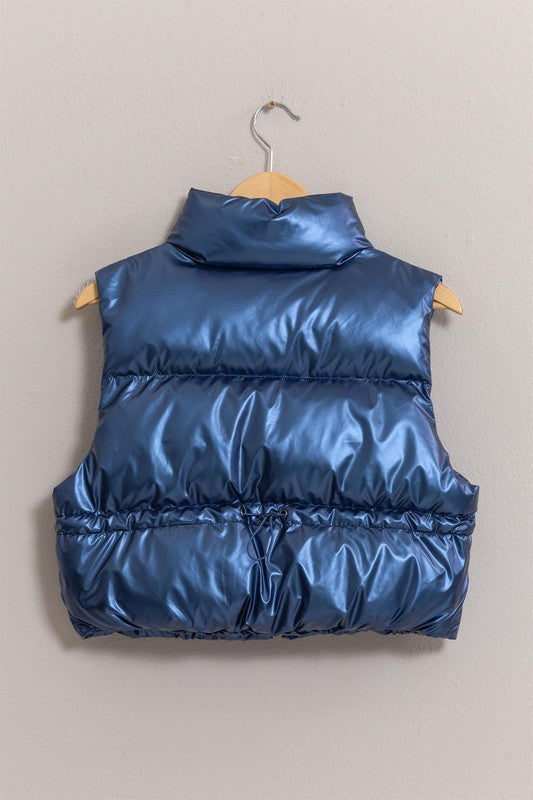 Sleeveless High Neck Puffer Metallic Vest