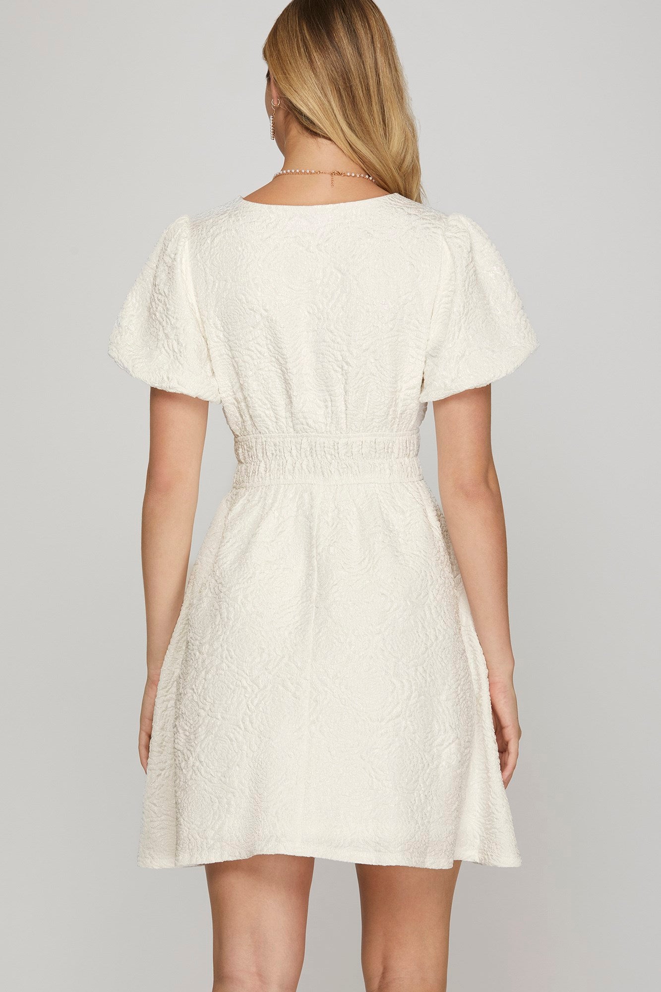 Short Puff Sleeve V Neck Floral Jacquard Mini Dress with Elastic Waist Band