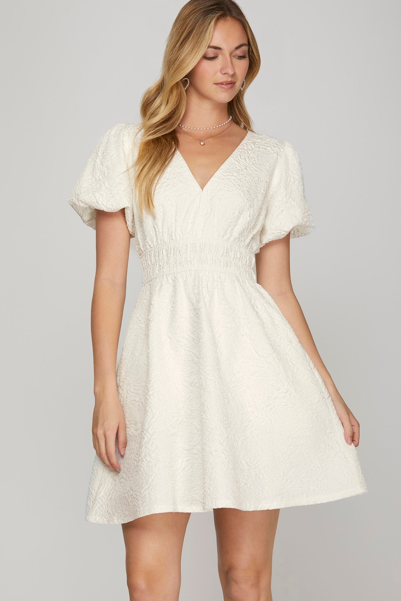 Short Puff Sleeve V Neck Floral Jacquard Mini Dress with Elastic Waist Band