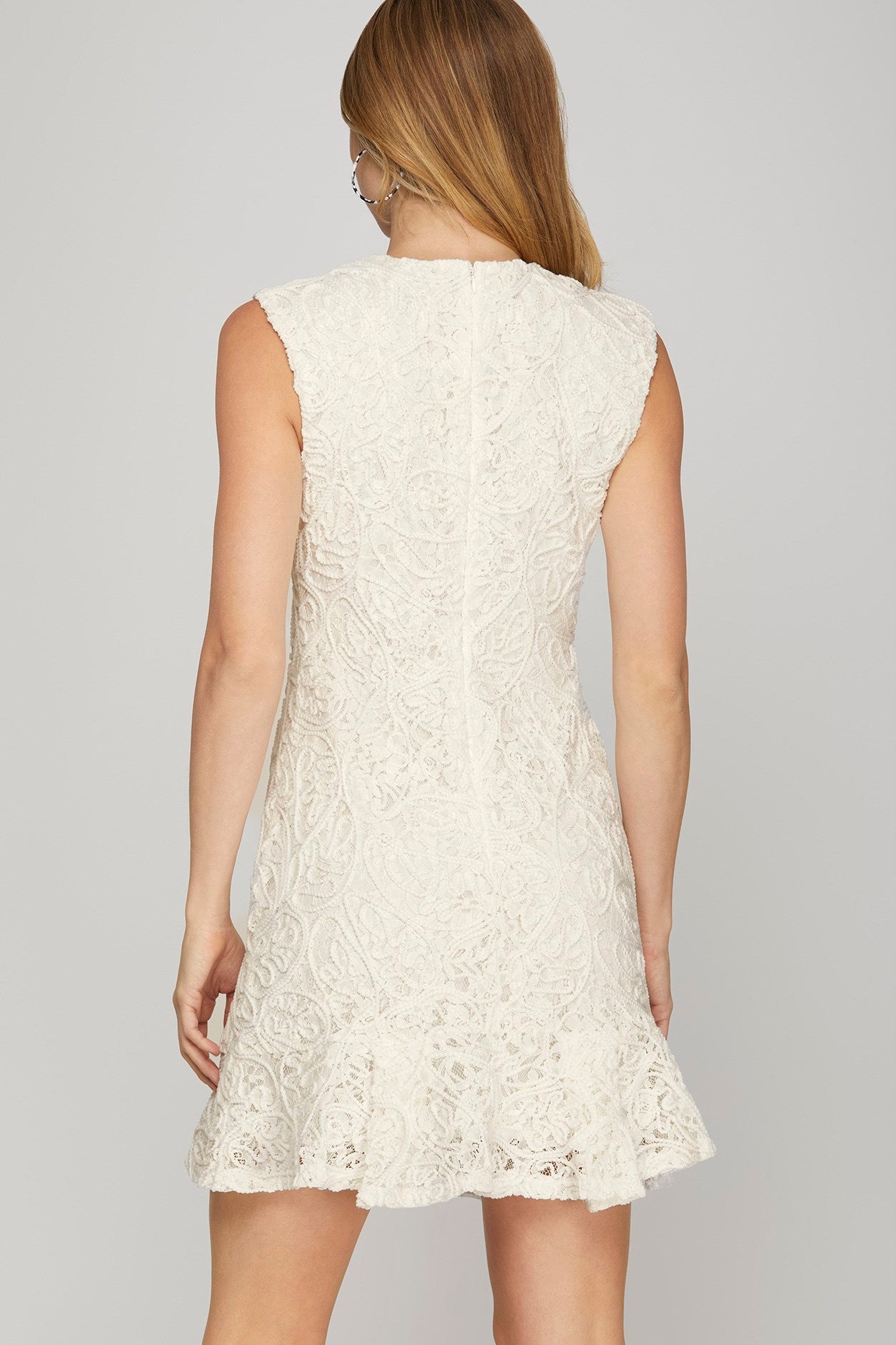 Sleeveless V Neck Lace Mini Dress with Pleated Skirt Hem, Full Liner and Shoulder Pads
