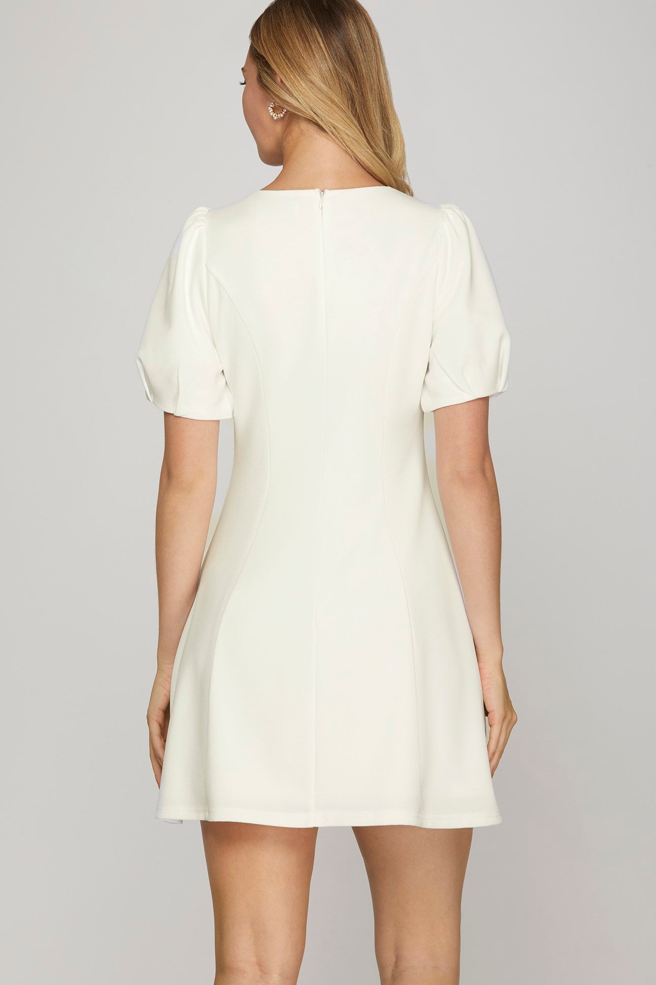 Short Sleeve Heavy Knit V Neck Mini Dress with Front Pocket and Bow Detail