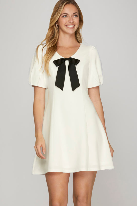 Short Sleeve Heavy Knit V Neck Mini Dress with Front Pocket and Bow Detail