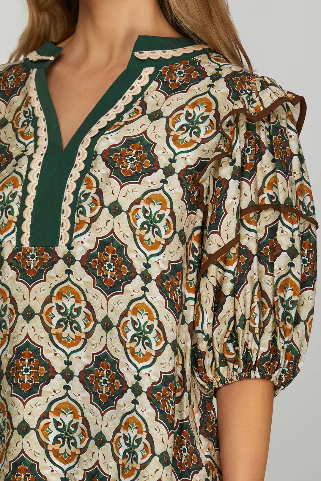 Puff Sleeve Ruffle Shoulder Contrast V Neck Woven Print Top