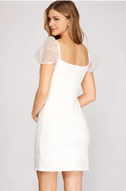 Organza Puff Sleeve, Square Neck Heavy Knit Mini Dress