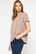 Curvy Short Rolled Sleeve V Neck Knit Ribbed Top with Pocket at Bust