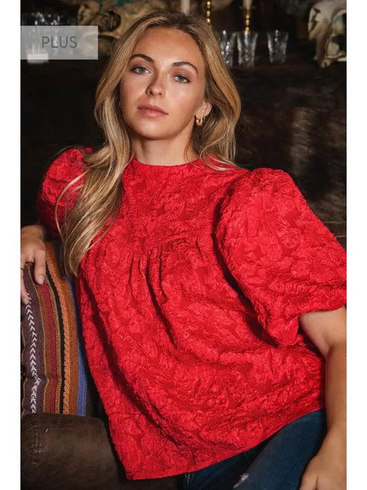 Short Balloon Sleeve Mock Neck Floral Top