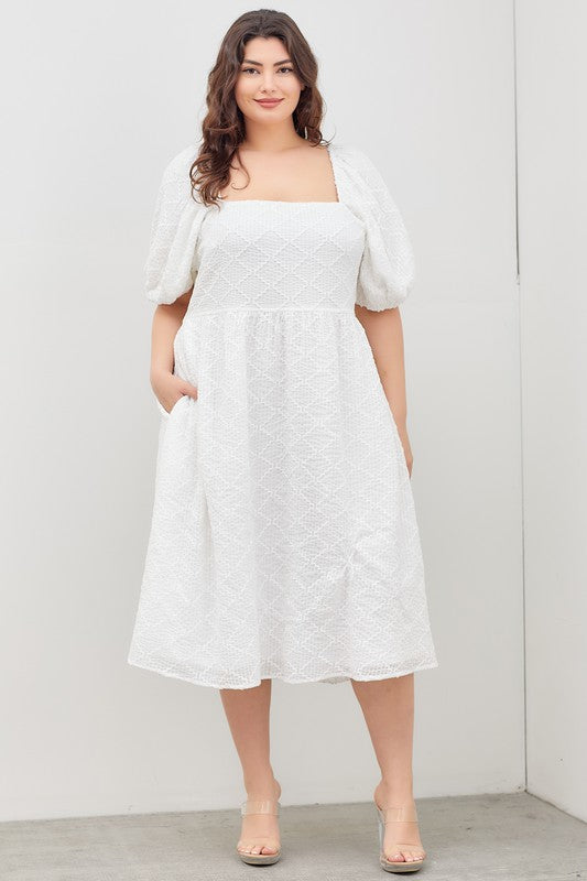 Curvy Short Bubble Sleeve Square Neck Textured Woven Fabric Maxi Babydoll Dress with Pockets