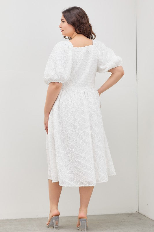 Curvy Short Bubble Sleeve Square Neck Textured Woven Fabric Maxi Babydoll Dress with Pockets