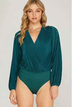Long Sleeve Pleated Woven Surplice V Neck Bodysuit with SnapClosure and Lining