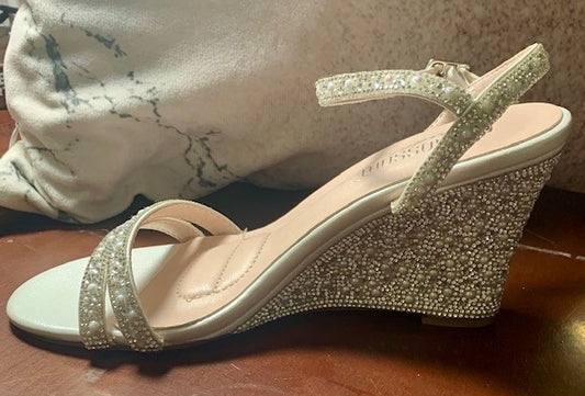 The Perfect Wedding or Prom Wedge with Rhinestone and Pearl Accents and a Buckle Ankle Strap