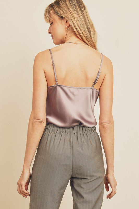 Adjustable Spaghetti Strap Satin Cowl Neck Camisole Bodysuit with Snap Button Closure