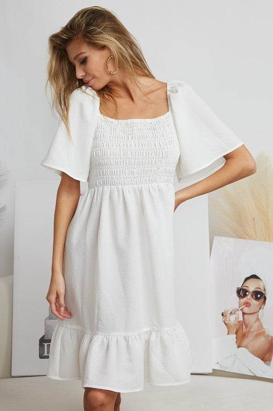 Short Flowy Sleeve Square Neck Smocked Bodice Back Tie Ruffle Knee Length Babydoll Dress