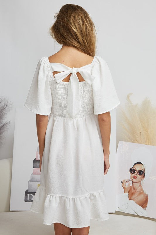 Short Flowy Sleeve Square Neck Smocked Bodice Back Tie Ruffle Knee Length Babydoll Dress