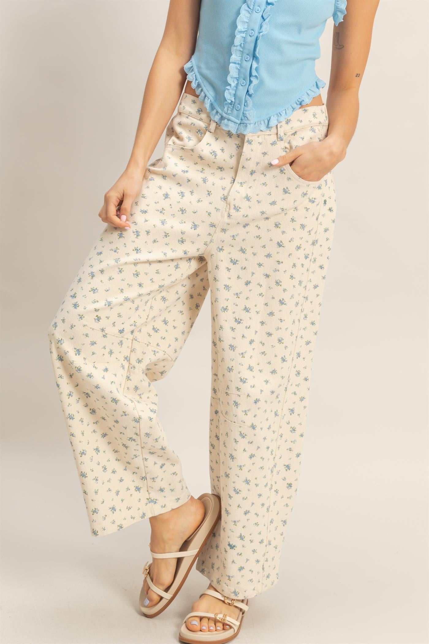 Washed Floral Wide-leg Pants