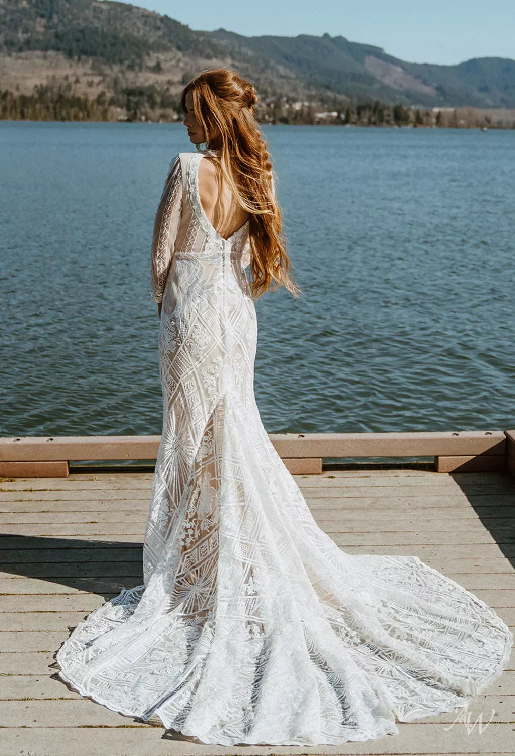 Long Sheer Sleeve Embroidery and Sequin Trumpet Style Wedding Dress