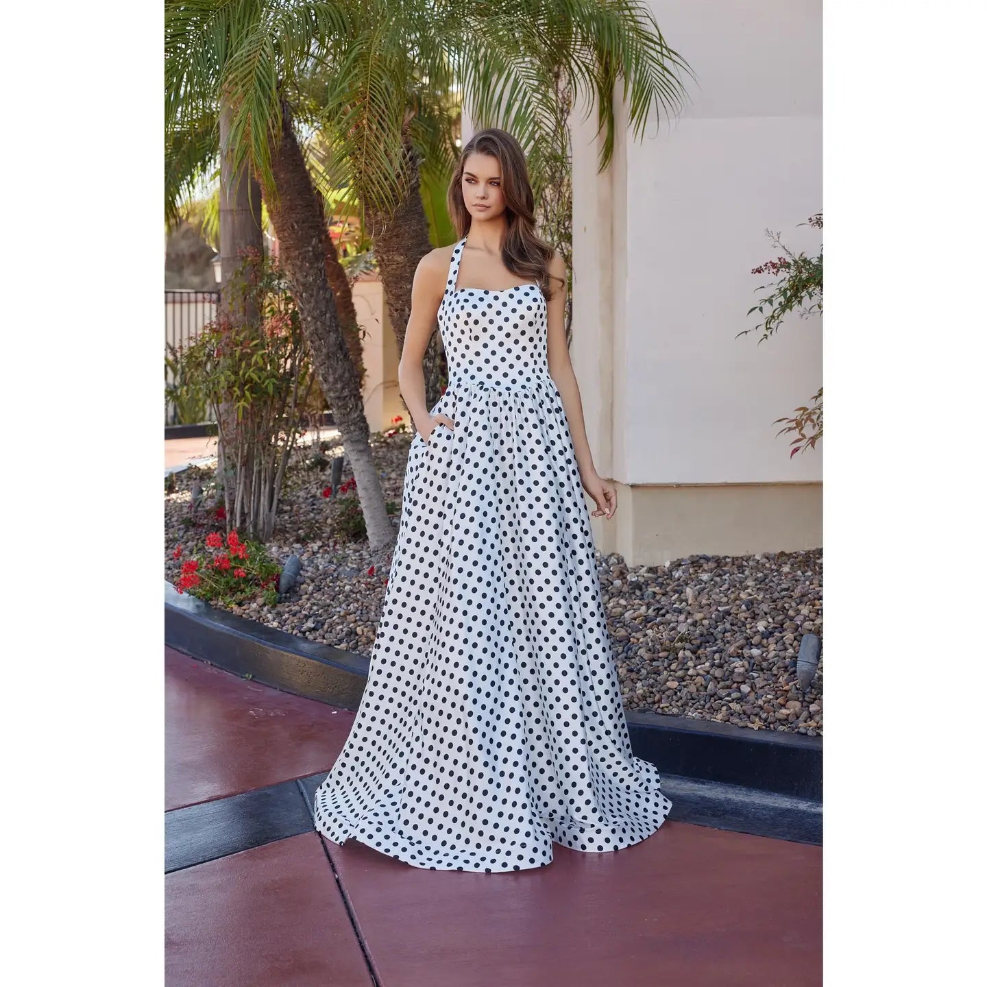 Halter Polk a Dot Fit and Flare Long Formal Dress with Pockets