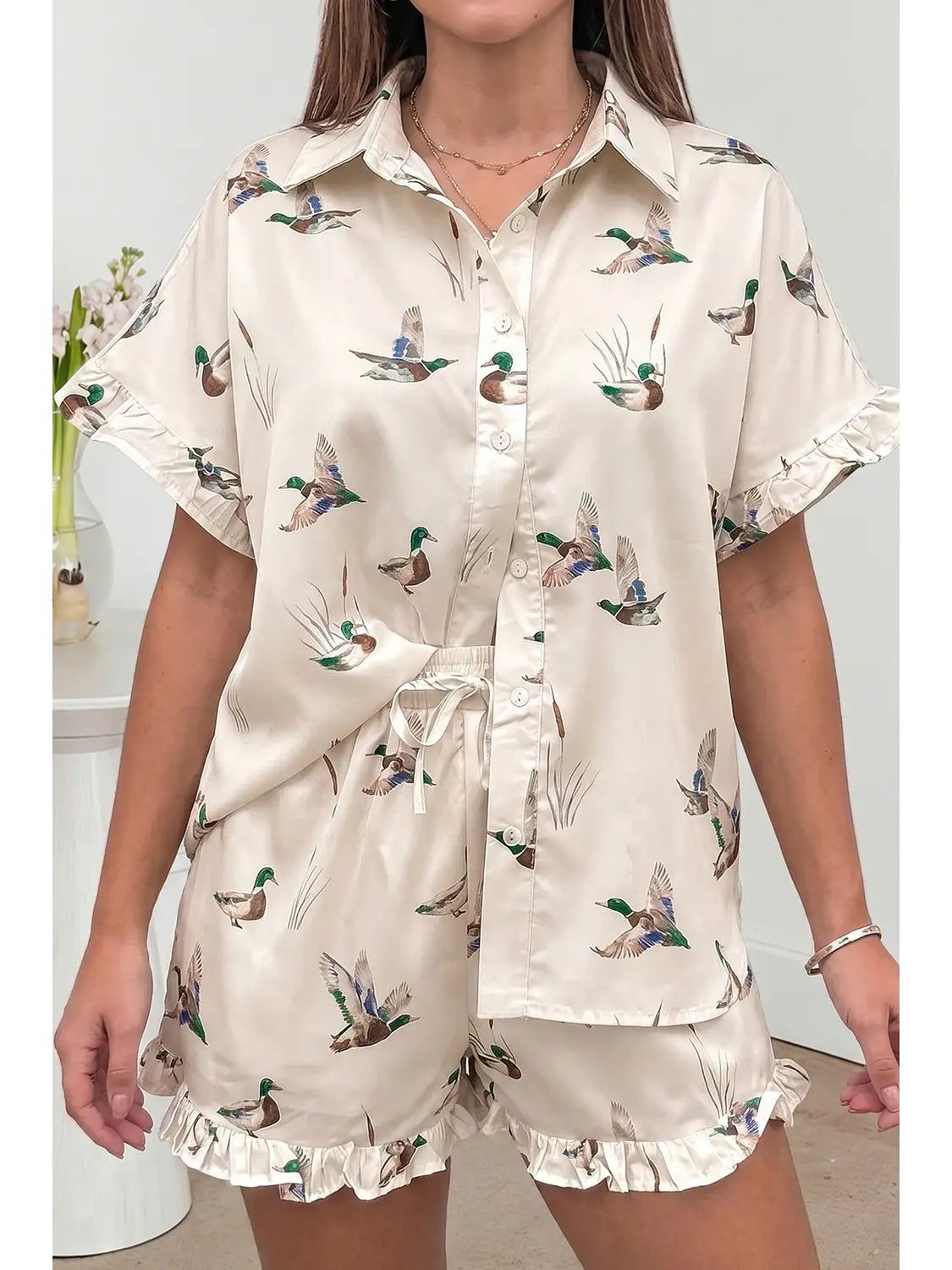 2 Piece Mallard Print Button Down Top and High Waist Matching Shorts with Ruffle Trim