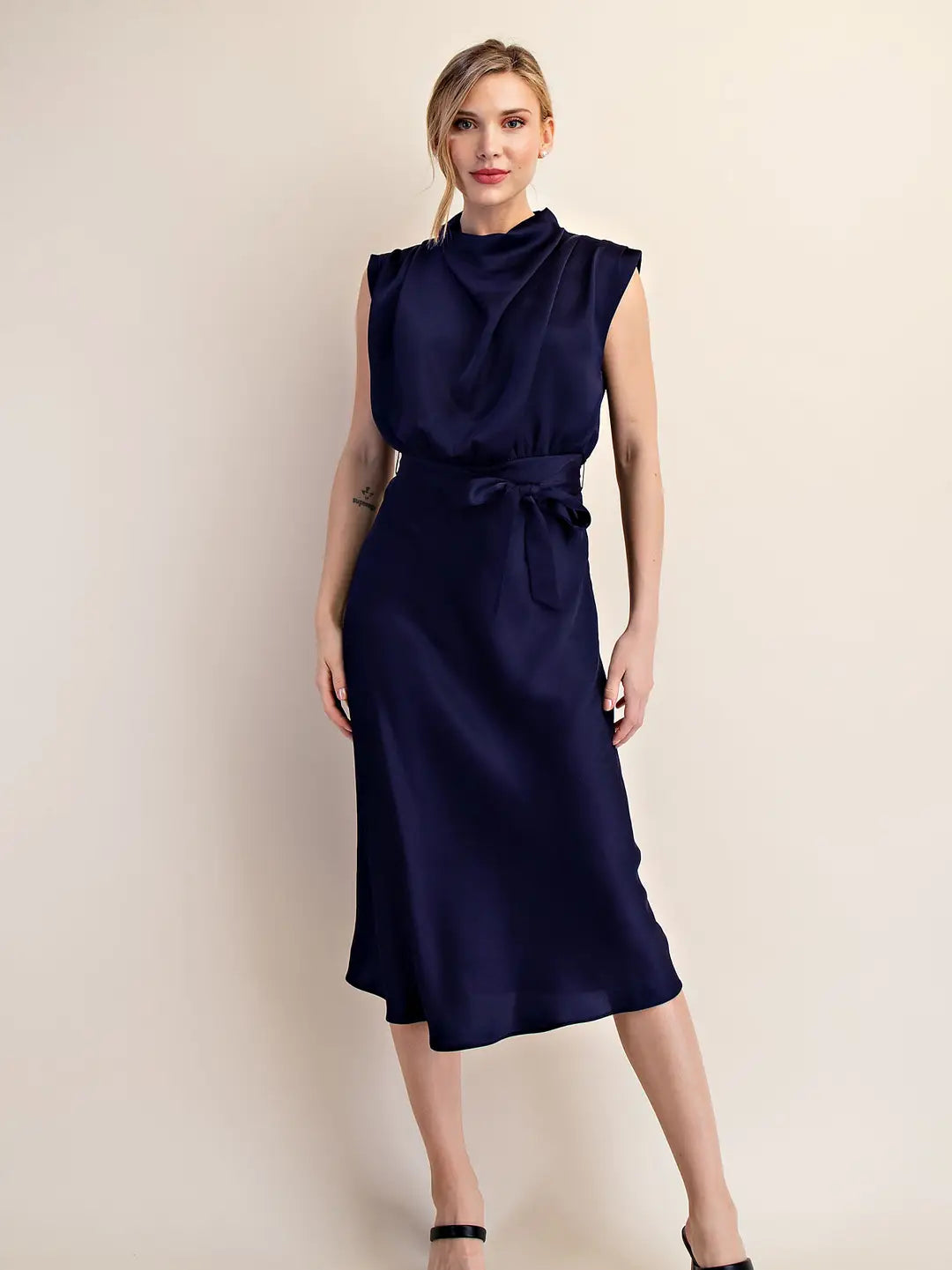 Sleeveless Cowl Neck Midi Dress with Waist Tie Belt