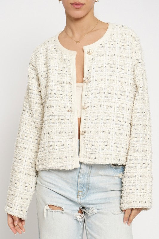 Long Sleeve Round Neck Boucle Blazer with Binding and Button Closure