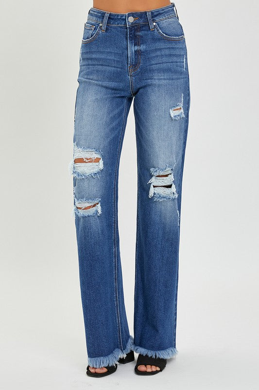 Hi Rise Distressed Knee Wide Leg Jeans with Pockets