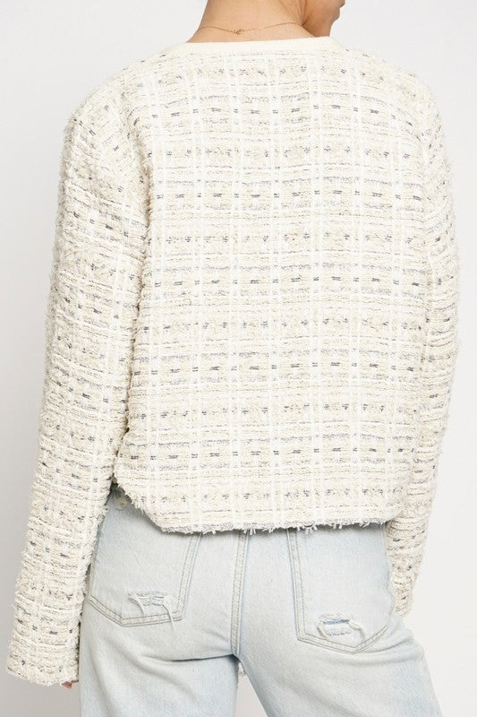 Long Sleeve Round Neck Boucle Blazer with Binding and Button Closure