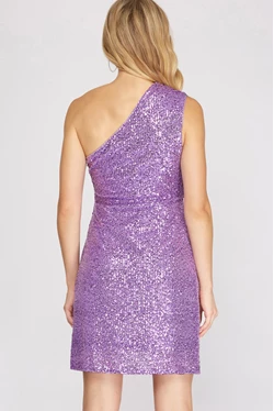 One Shoulder Sequins Mini Dress with Wrap Skirt and Side Zipper