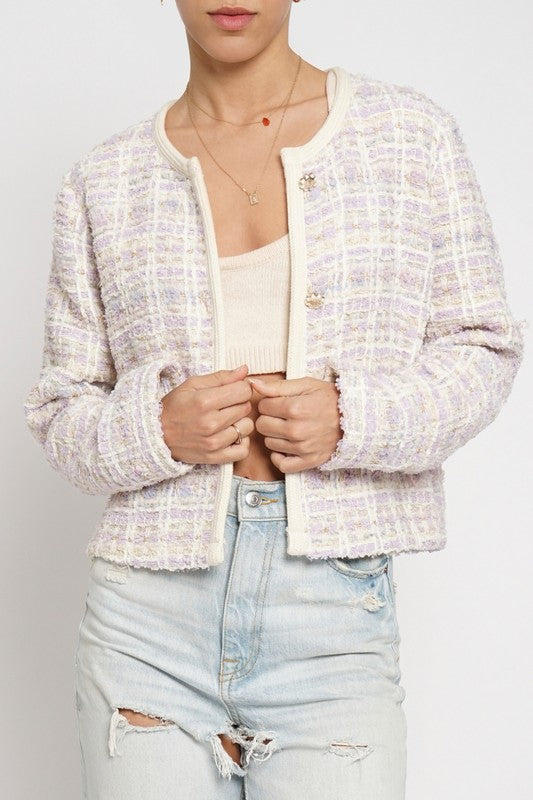 Long Sleeve Round Neck Boucle Blazer with Binding and Button Closure