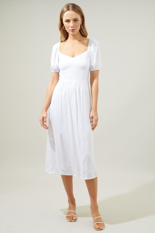 Short Puff Sleeve Sweetheart Bust Side Slit Midi Dress