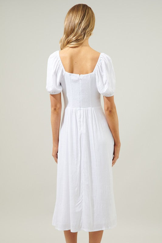 Short Puff Sleeve Sweetheart Bust Side Slit Midi Dress