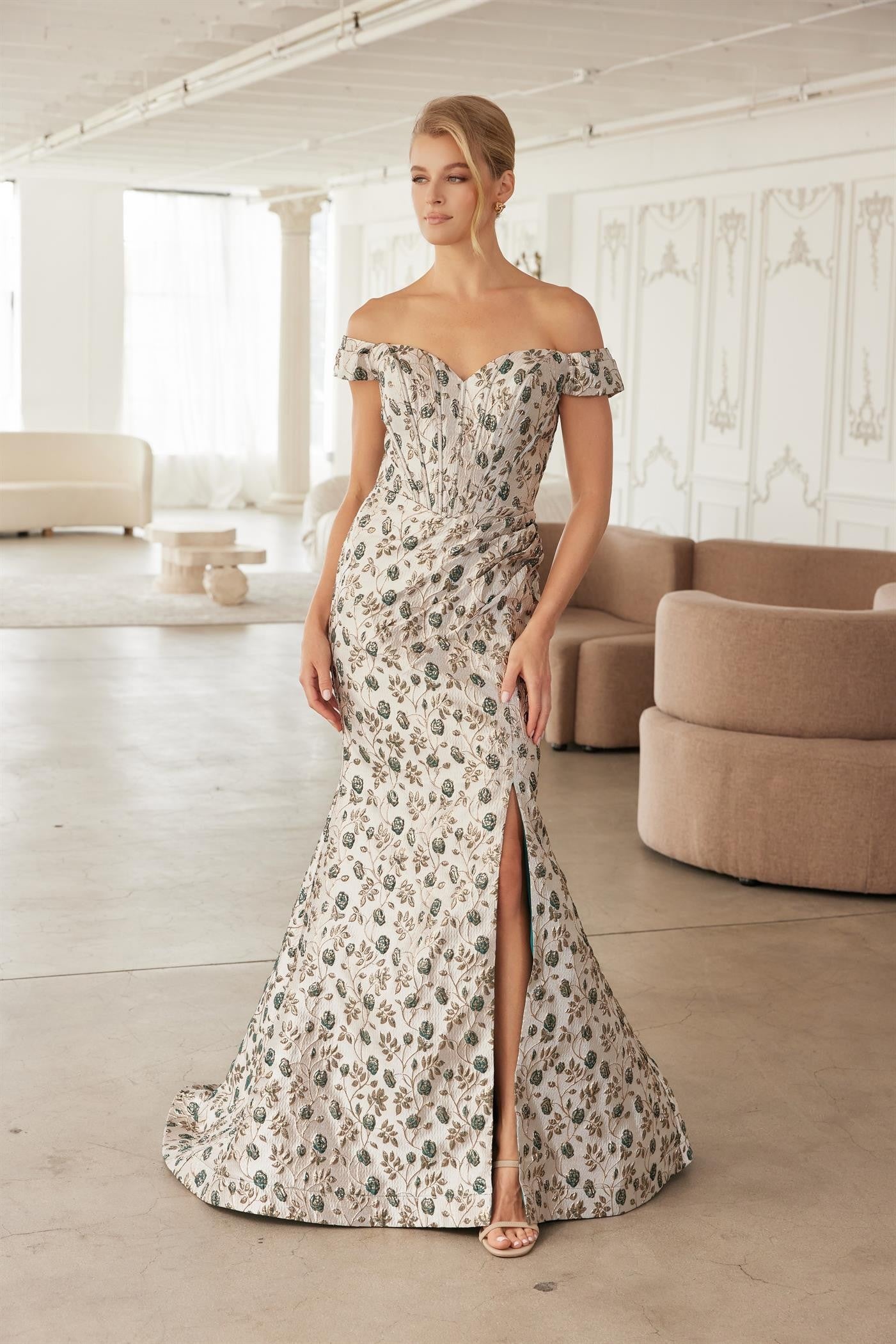 Off the Shoulder Jacquard Trumpet Long Formal Dress with Side Slit