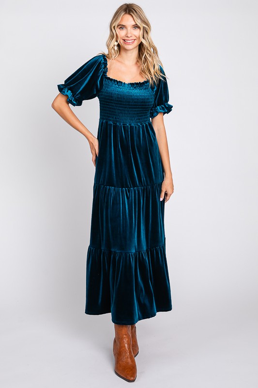 Half Sleeve Tiered Velvet Maxi Dress with Square Neck and Smocked Bodice