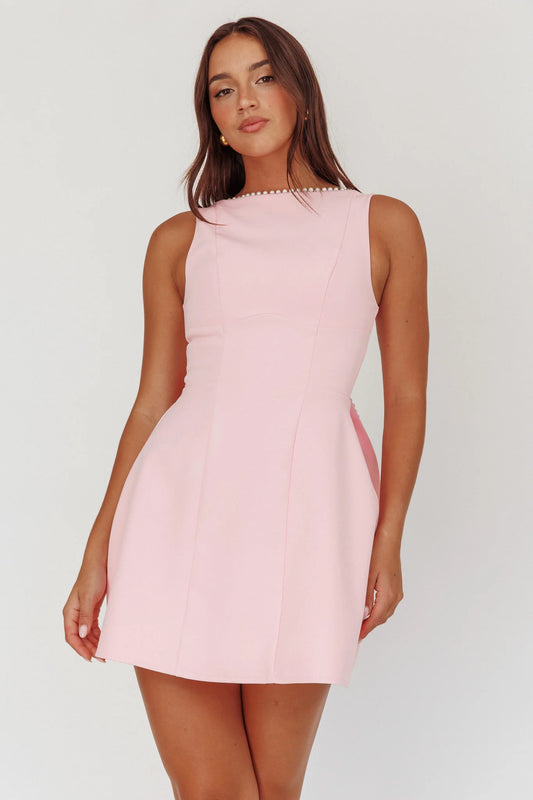 Sleeveless Fit and Flare Mini Dress with Low Back Big Bow and Pearl Accents
