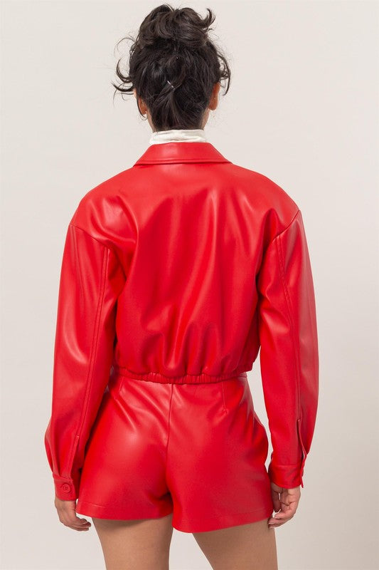 Long Sleeve Cropped Leather Zip Up Jacket