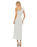 Assymetical Ostrich Feather One Shoulder Fitted Crepe Midi Dress with Side Slit