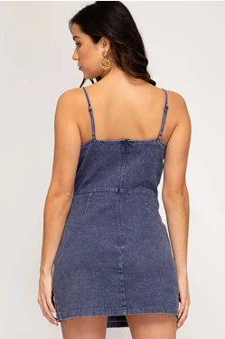 Spaghetti Strap Woven Wrap Skirt Cami Mini Dress with Garment Wash Detail