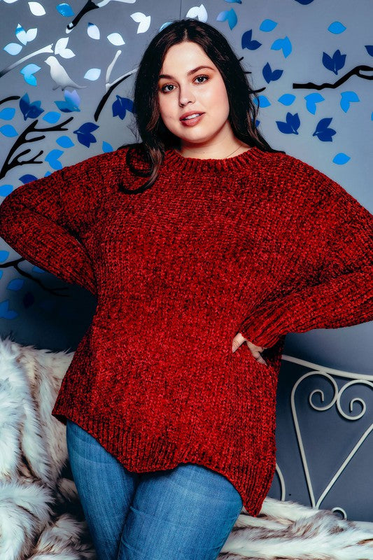 Curvy Long Sleeve Chunky Knit Scallaped Chenille Sweater