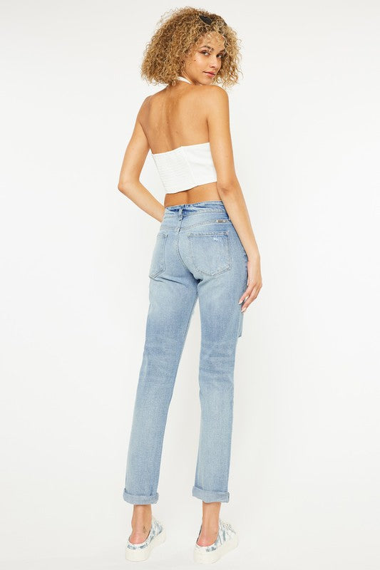 Mid Rise Boyfriend Fit Distressed Jeans with Roll Cuff Hem and Pockets