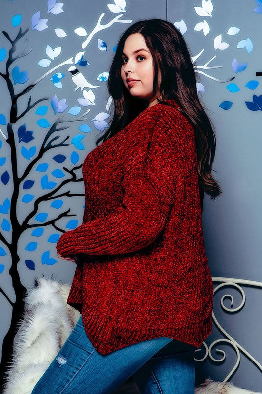 Curvy Long Sleeve Chunky Knit Scallaped Chenille Sweater