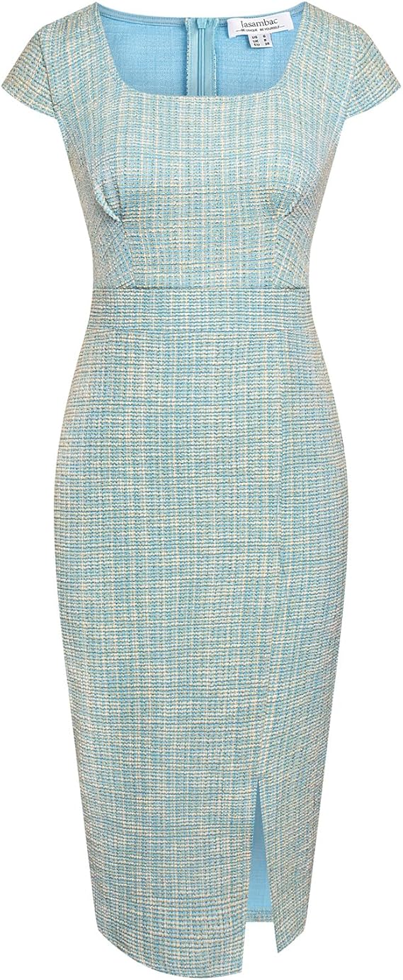 Short Cap Sleeve Round Neck Tweed Midi Dress