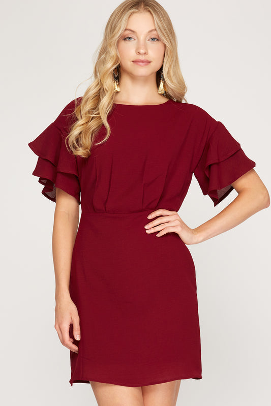 Double Ruffle Short Sleeve Woven Mini Dress with Open Back Button Closure
